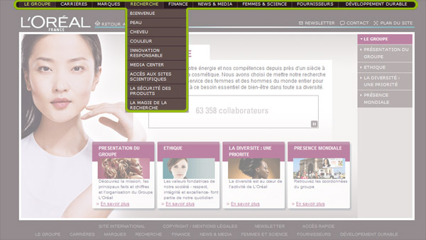 Vue d'écran de la page d'accueil de l'Oréal