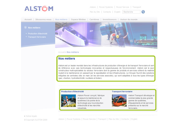 Page métiers du site Alstom