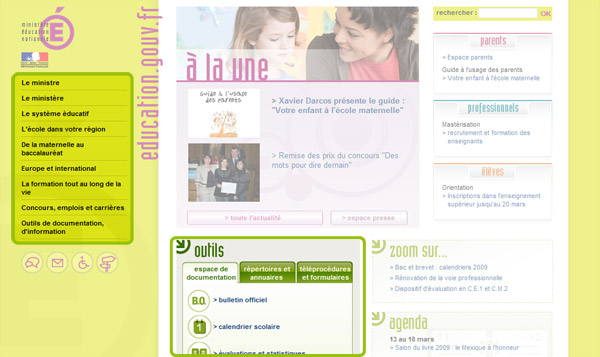 Page d'accueil du site du Ministère de l'Education Nationale