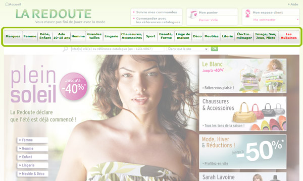 Vue d'écran de la page d'accueil de La Redoute