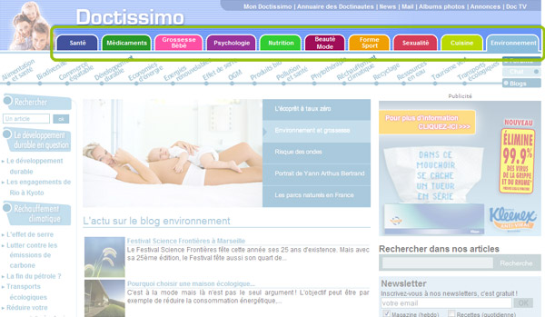 Vue d'écran de la page d'accueil du site doctissimo