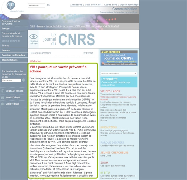 Article du CNRS traitant de l'échec d'un vaccin préventif contre le VIH