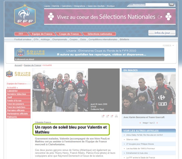 Capture d'écran du site de la Fédération Française de Football