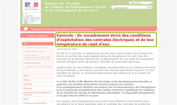Vue d'écran du site du Ministère de l'écologie