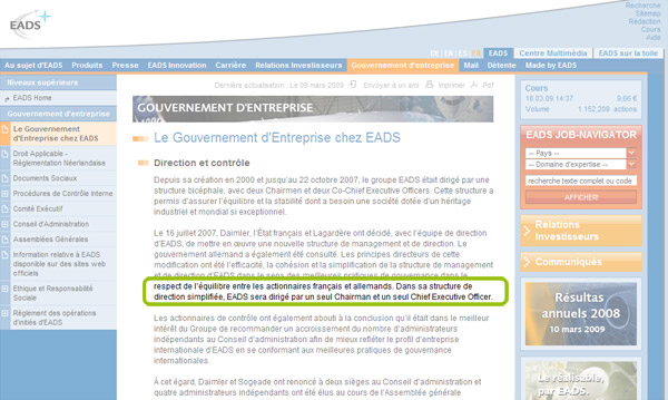 Vue d'écran de la page le Gouvernement d'Entreprise du site EADS