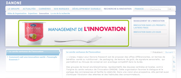 Vue d'écran d'une page du site Danone présentant le Management de l'innovation