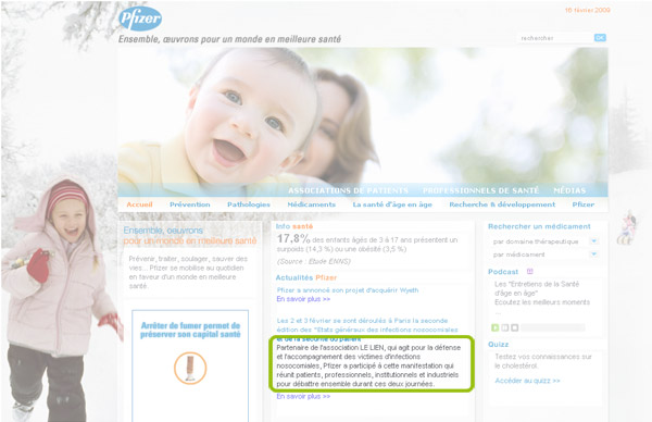 Vue d'écran de la page d'accueil du site de Pfizer
