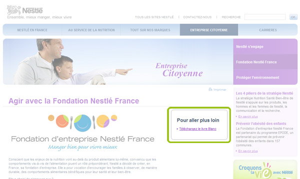 Vue d'écran d'une page du site Nestlé présentant les engagements de la Fondation Nestlé France