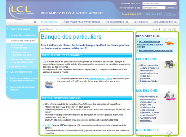 Page du site du Crédit Lyonnais ciblant les particuliers