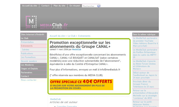 Vue d'écran du site MediaClub.fr présentant une Promotion Canal+