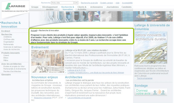 Vue d'écran de la page recherche et innovation du site de Lafarge