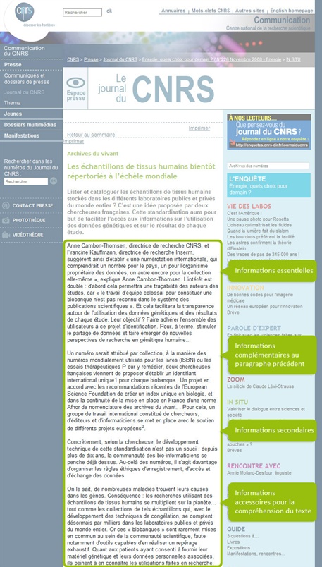 Vue d'écran d'un article du journal du CNRS restructuré dans le restpect de la pyramide inversée