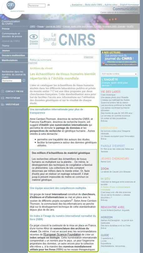 Vue d'écran d'un article du journal du CNRS avec l'ajout de niveau de lexture : puces, graisse, encadré...