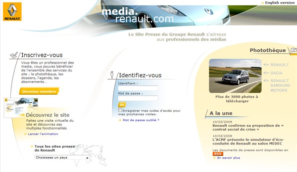 Vue d'écran de la page d'accueil du site media.renault.com