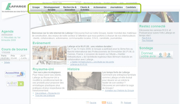 Vue d'écran du site Lafarge dont le rubricage est réalisé par sujet et par cible