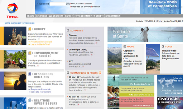 vue d'écran de la page d'accueil Total
