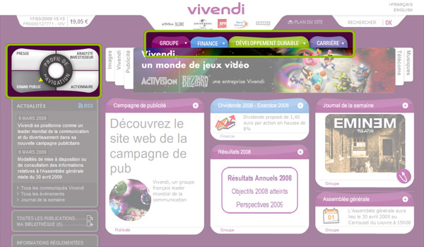 Vue d'écran de la page d'accueil de Vivendi