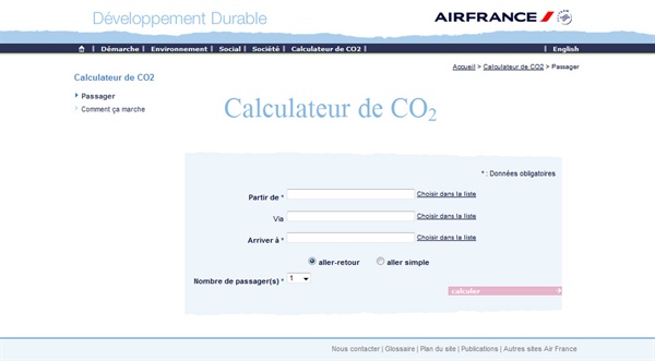 Page du calculateur de CO2 du site Air France