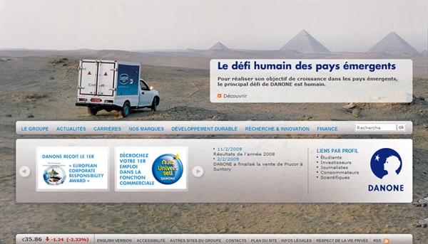 Vue d'écran de la page d'accueil de Danone 
