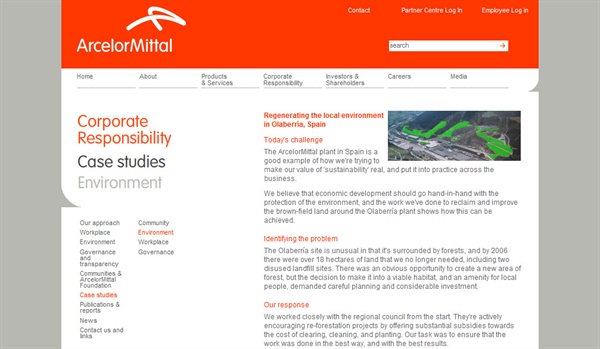 Page du site d'ArcelorMittal dédiée à ses engagements RSE