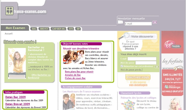 Vue d'écran de la page d'accueil de France-Examens