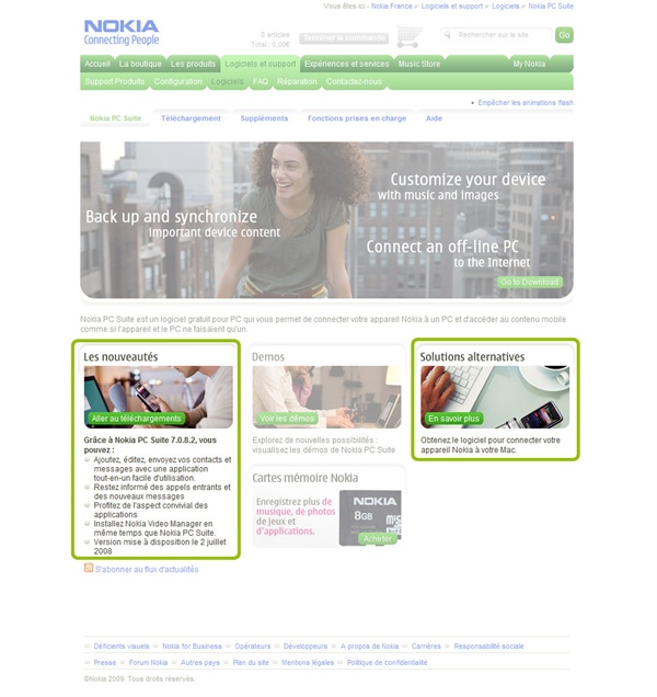 Vue d'écran de la page du logiciel Nokia PC Suite