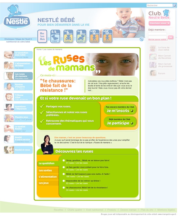 Vue d'écran de la page Les ruses de mamans du site Nestlé bébé