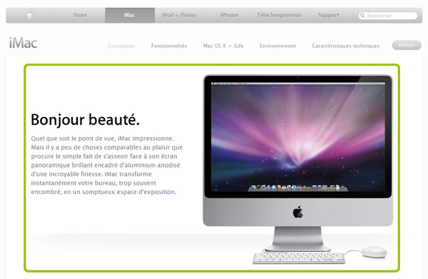 Vue d'écran d'une page du site d'Apple consacré à l'Imac