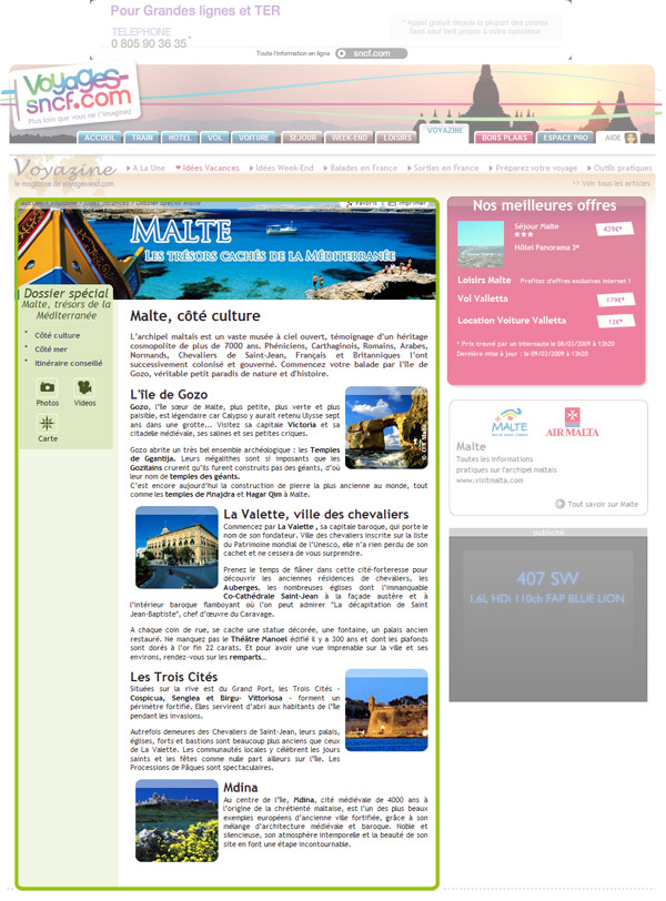 Vue d'écran d'une page magazine du site Voyages SNCF
