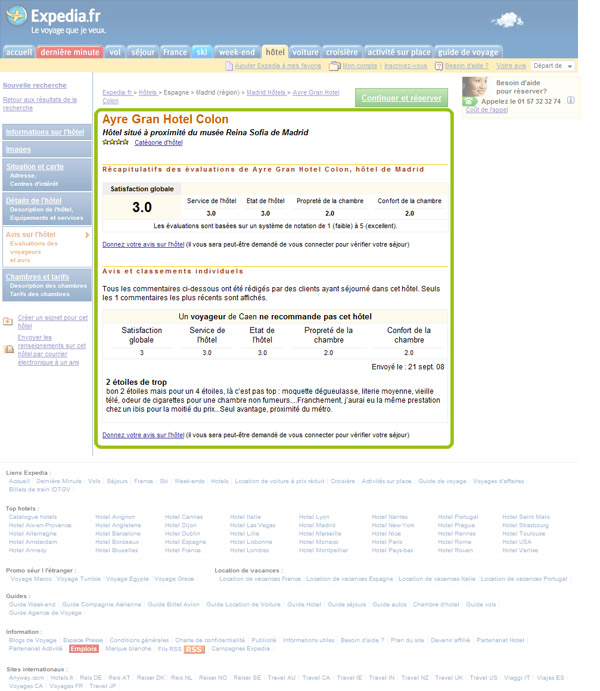 Vue d'écran d'une page de notation d'hôtel sur le site Expedia